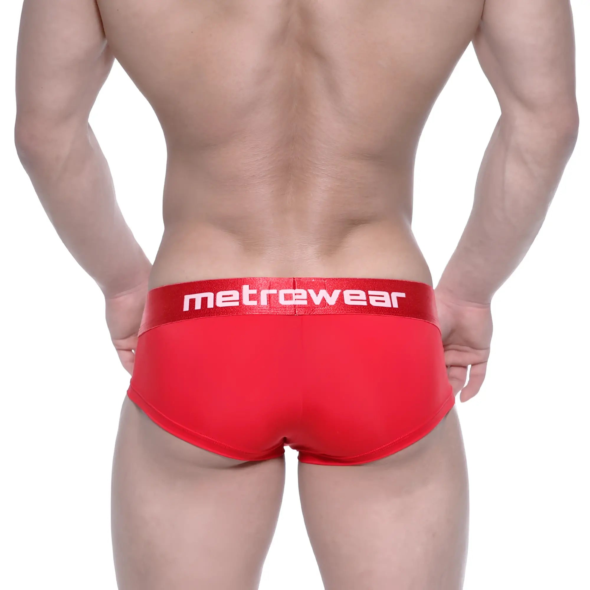 Red metrowear mini cheek boxer briefs in breathable fabric with a white logo waistband visible on the front