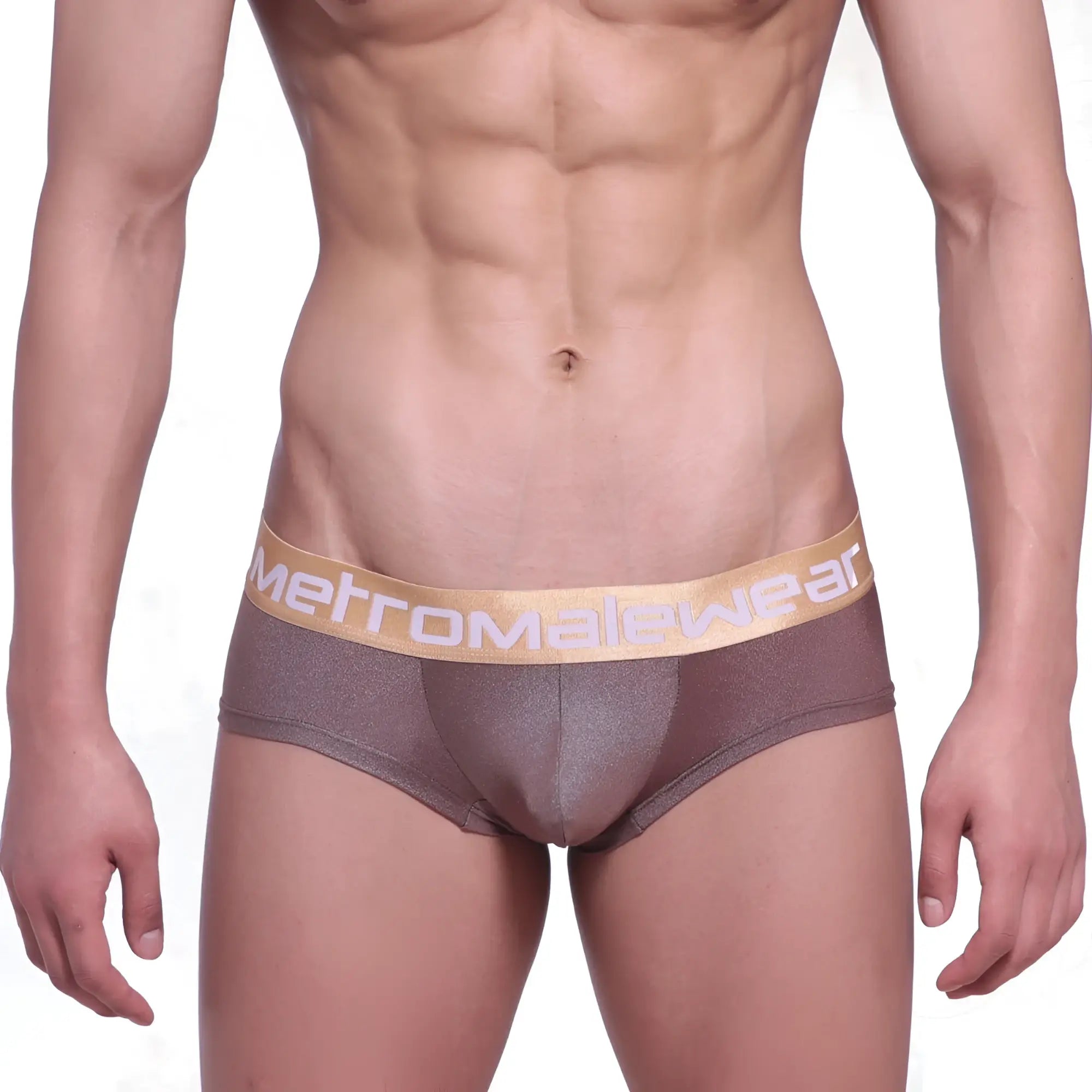 Brown metallic mini cheek boxer briefs with gold waistband featuring metromalewear logo in spark gold 2025-21