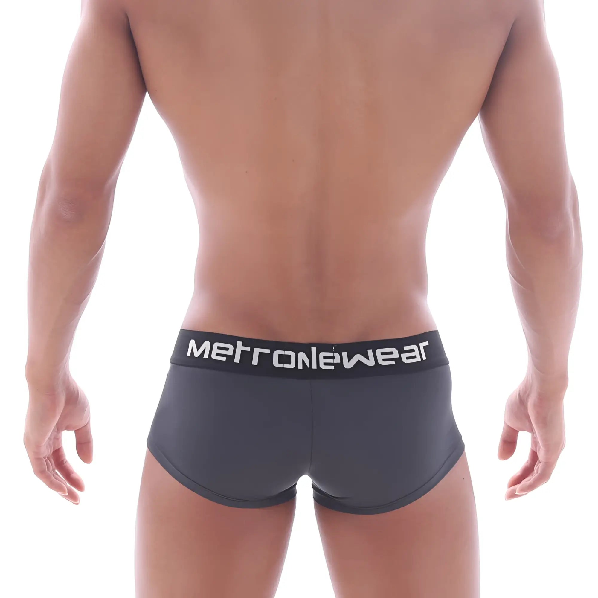 Dark gray metronewear mini cheek boxer briefs with black waistband and white lettering from metroMalewear twilight 2025-11