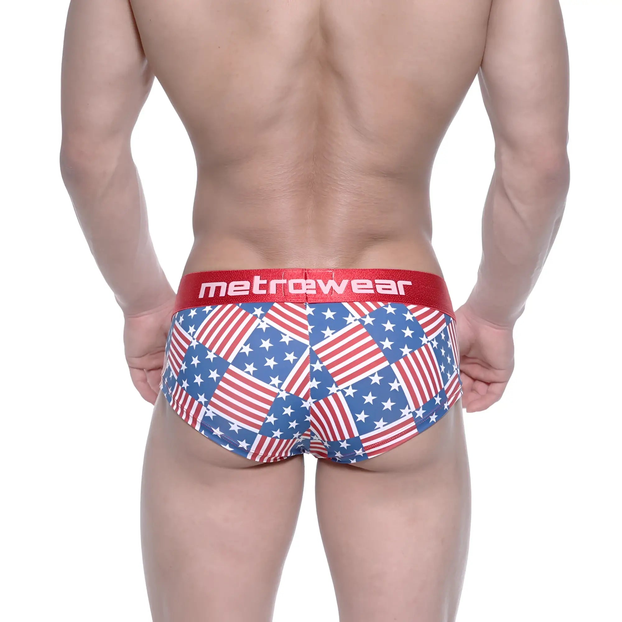 Metro malewear mini cheek boxer usa 2025-91 briefs with red white and blue american flag patchwork and red metrowear waistband