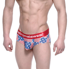 Men’s briefs with red white and blue american flag pattern and red metromalewear waistband mini cheek boxer usa 2025-91