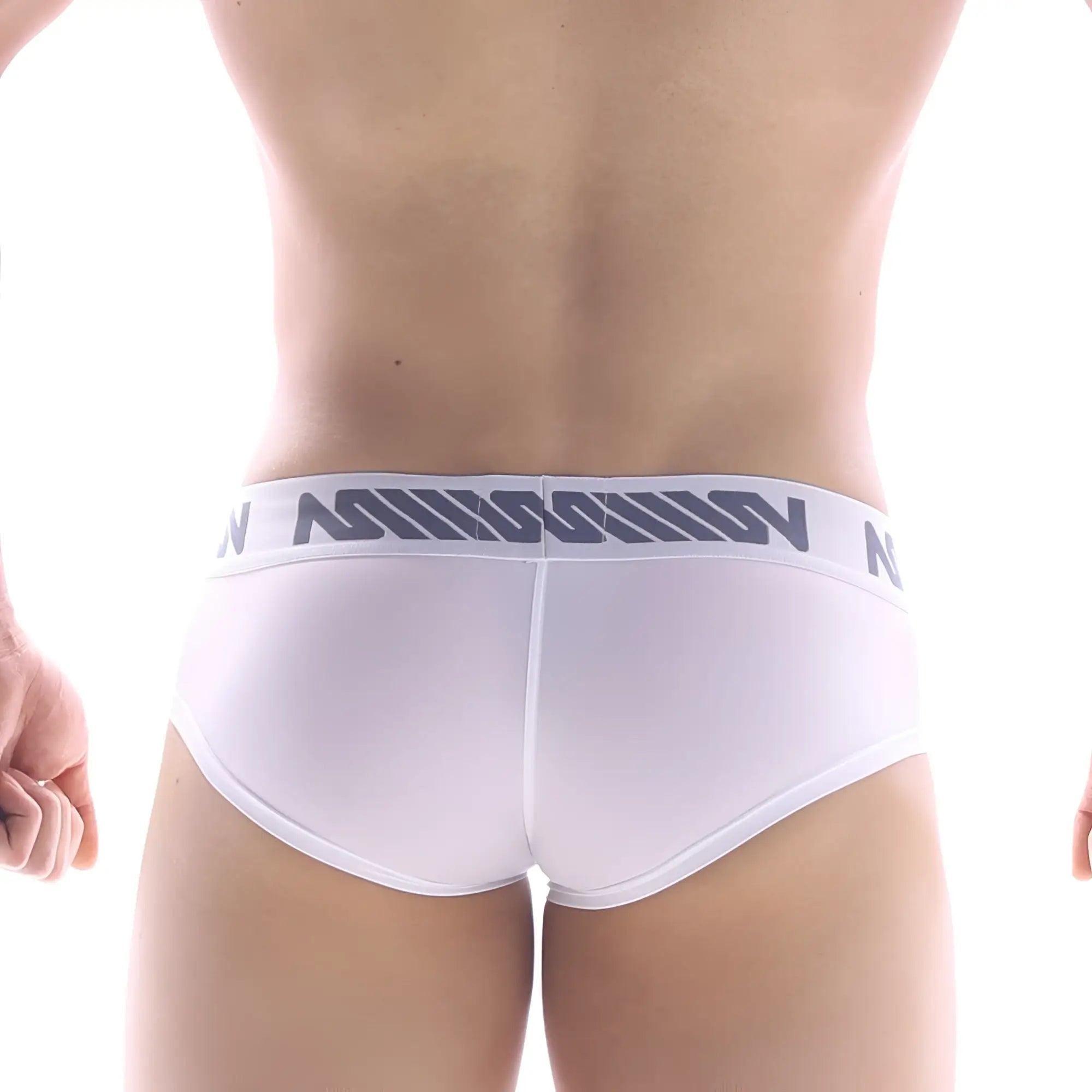 White briefs with a gray logo waistband from MetroMaleWear Mini Cheek Boxer white 2025-00 collection