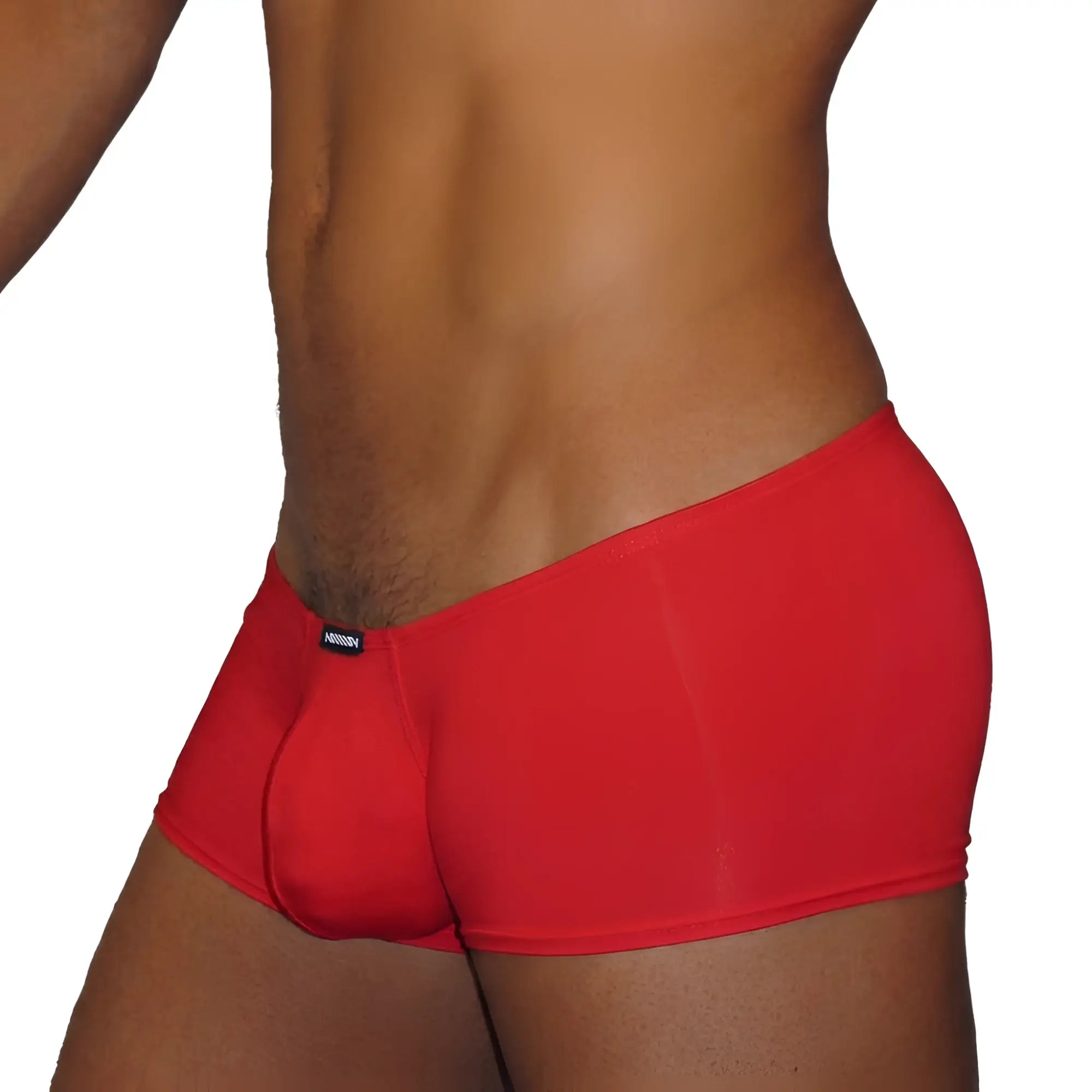 Red form-fitting metroMalewear minimo boxer briefs with smooth stretchy fabric and black waistband brand tag