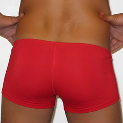 Red briefs metro malewear minimo boxer 2013-12 with smooth stretchy fabric and central back seam viewed from the back