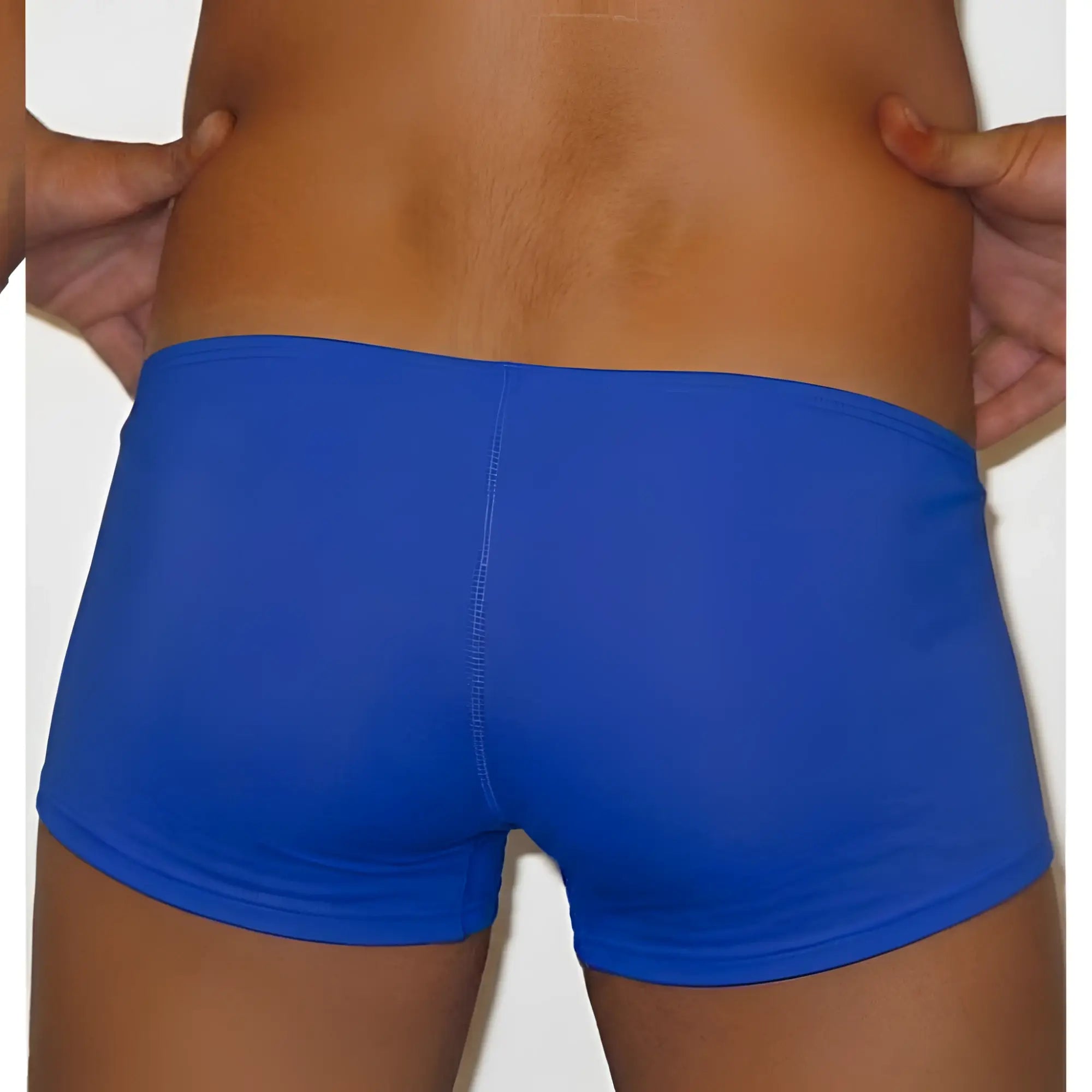 Bright blue MetroMaleWear Minimo boxer briefs made of smooth stretchy fabric showing the back with central seam