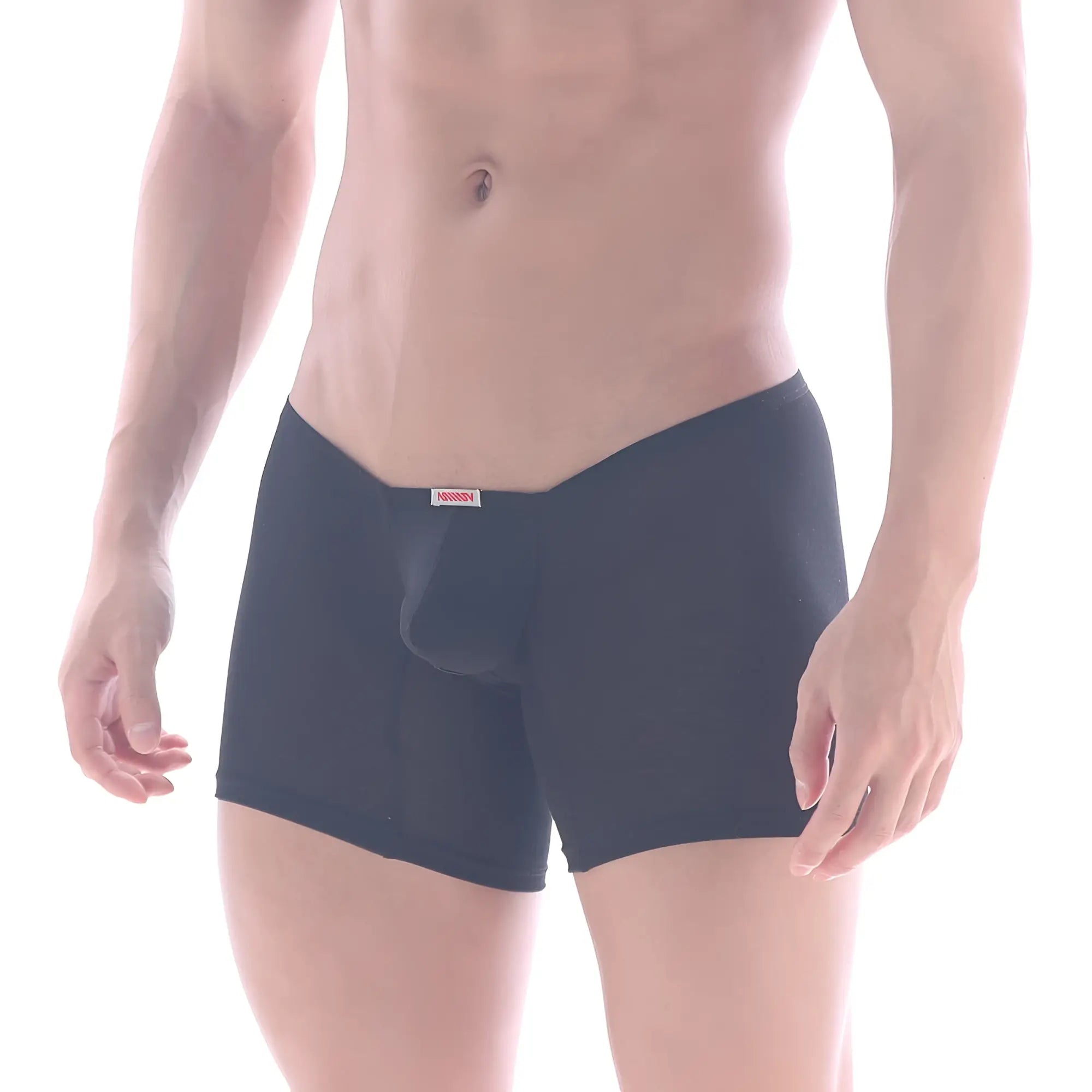 Black mens cotton boxer briefs with central pouch and small red label on waistband metro malewear minimo black