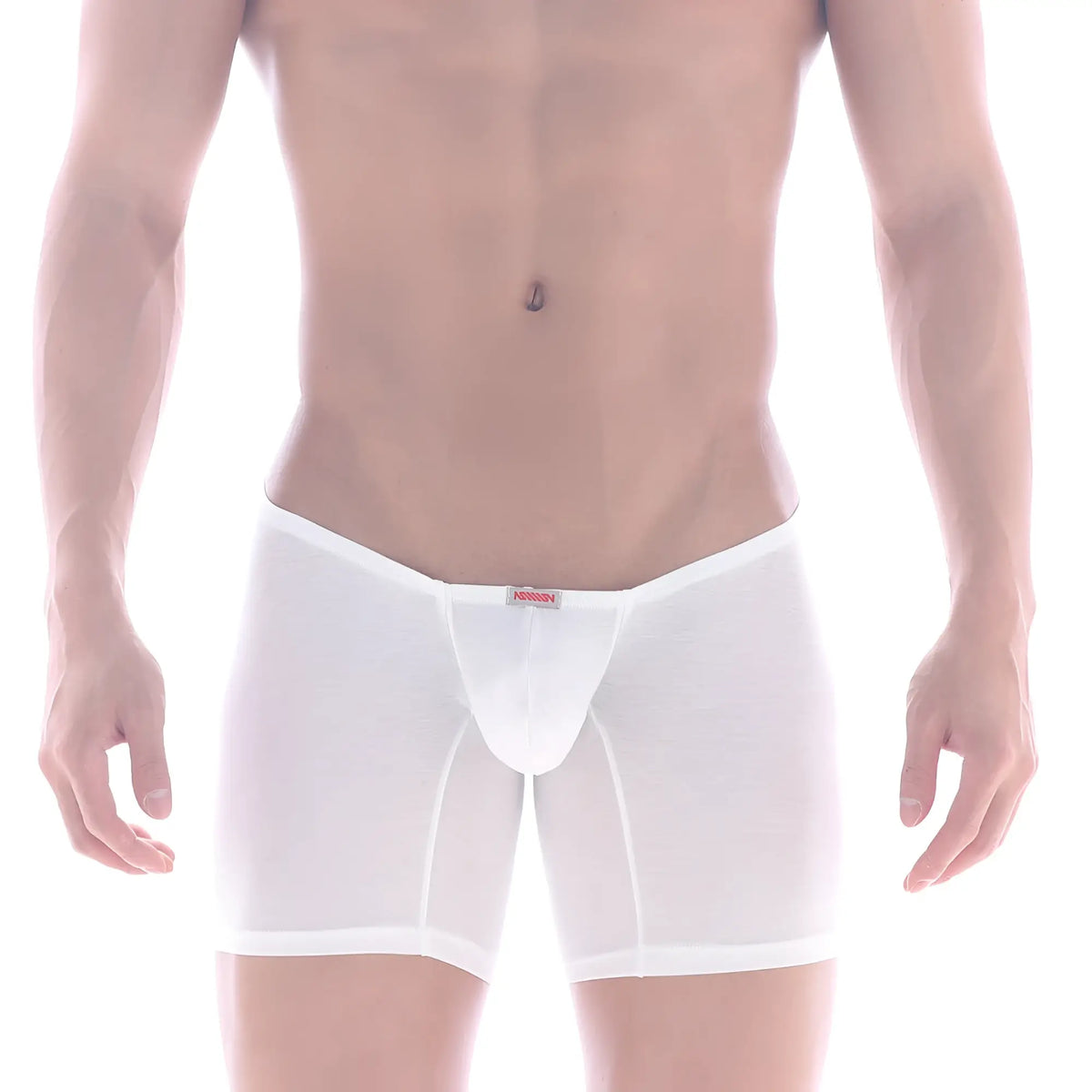 White sheer cotton long boxer briefs with a red metro male wear brand tag at the waistband for comfortable wear