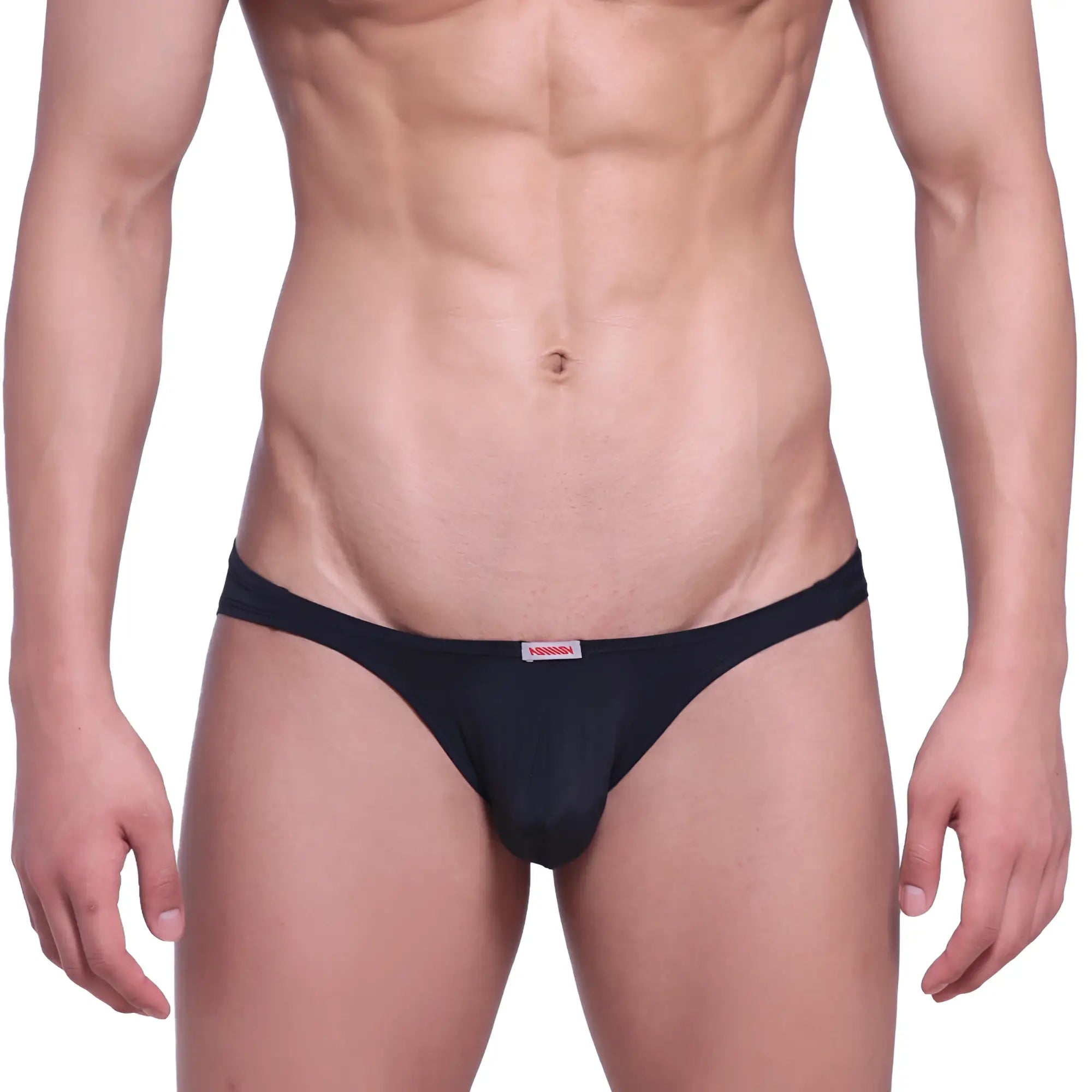 Black versace thong MetroMaleWear minimo hip brief with subtle red logo tag at center waistband in smooth fabric