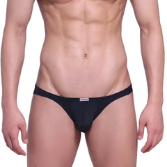 Black versace thong MetroMaleWear minimo hip brief with subtle red logo tag at center waistband in smooth fabric