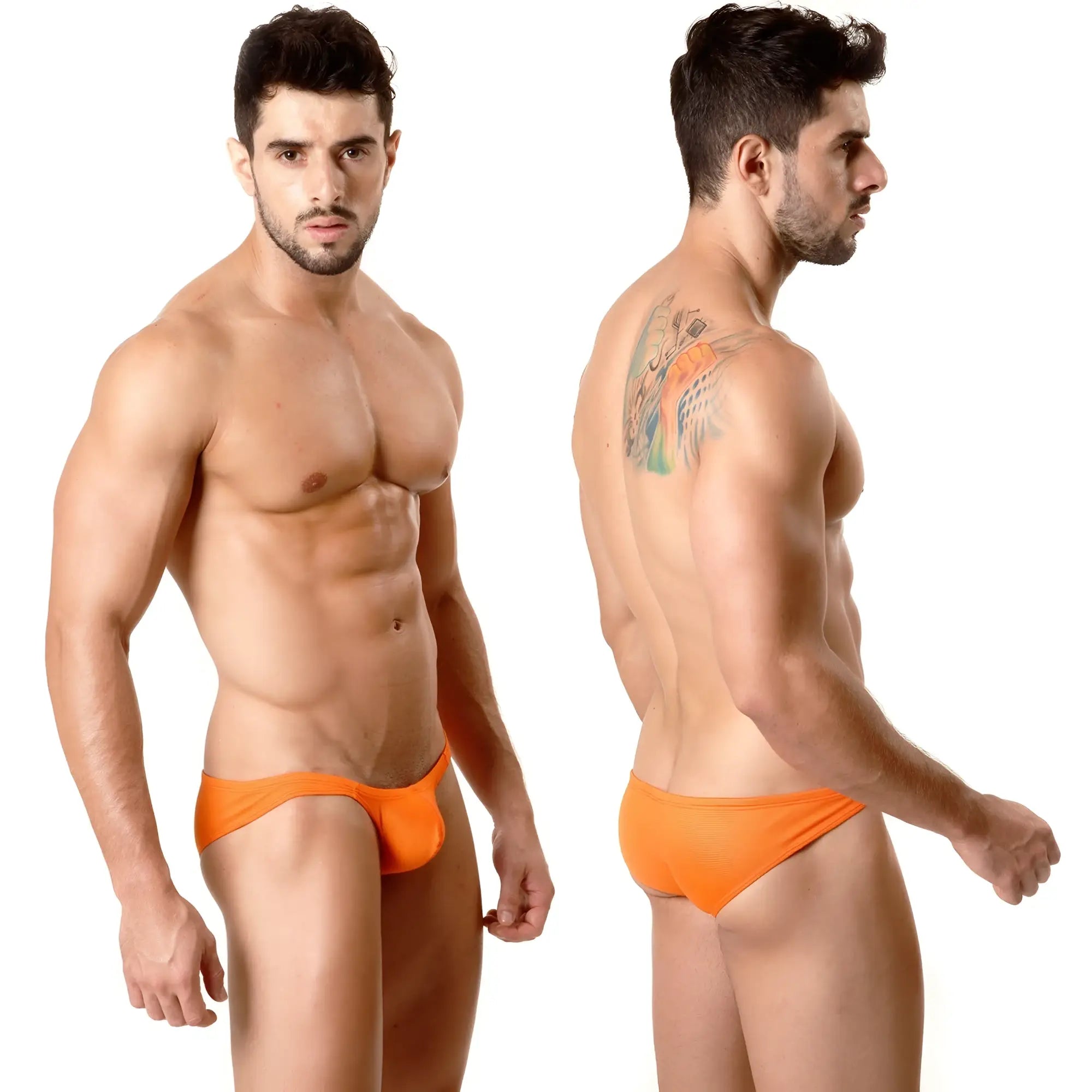 Bright orange form-fitting metroMalewear minimo hip brief swim trunks with smooth fabric finish for active wear
