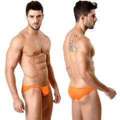 Bright orange form-fitting metroMalewear minimo hip brief swim trunks with smooth fabric finish for active wear