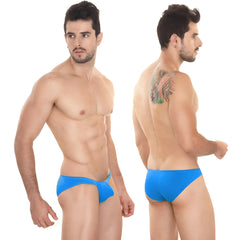 Bright blue form-fitting swim trunks with a sleek modern design from MetroMaleWear Minimo Hip Brief Royal 2006-18