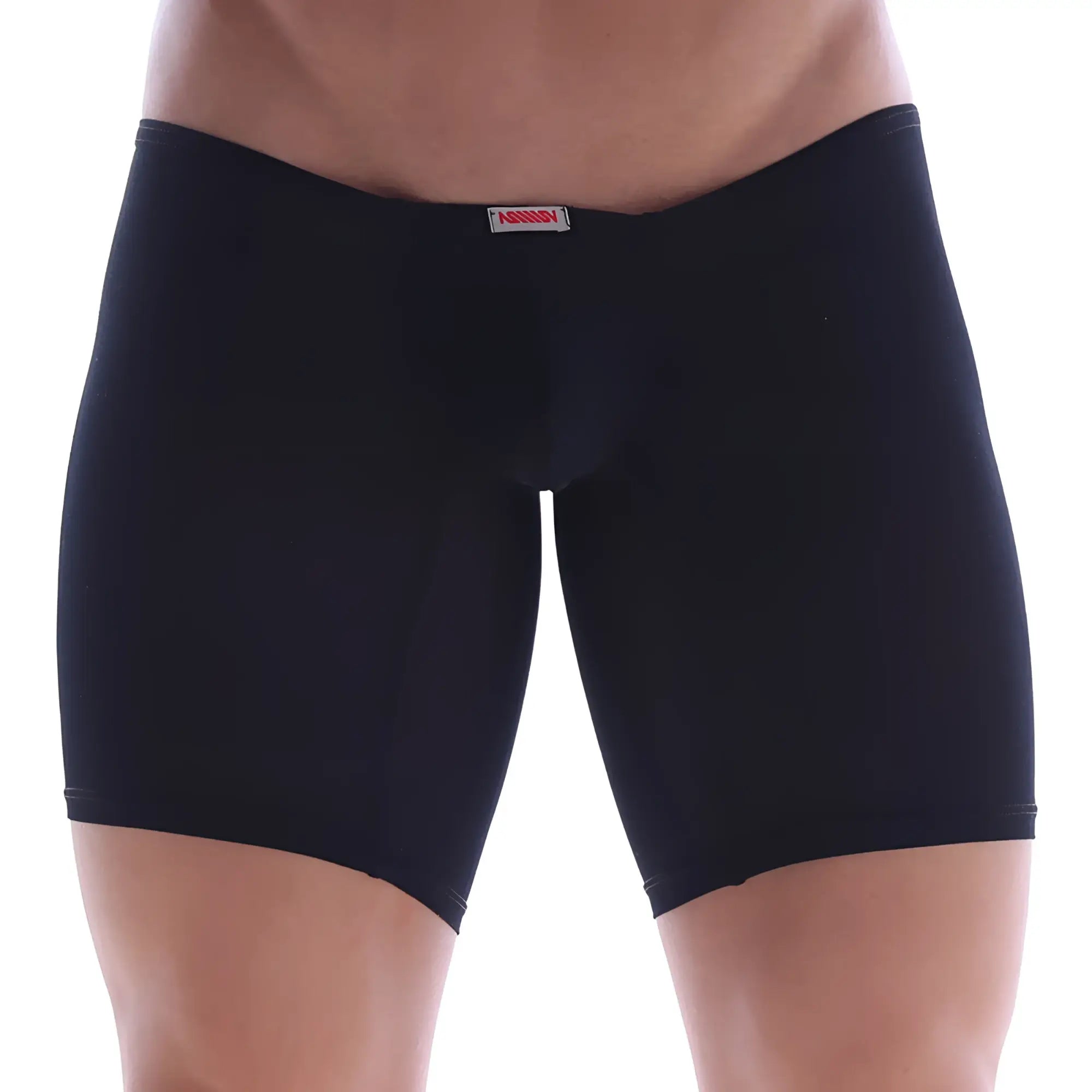 Black form-fitting boxer briefs with subtle waistband label by MetroMaleWear Minimo Long Boxer 2034-20