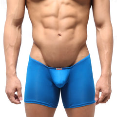 Bright blue form-fitting men’s boxer briefs by MetroMaleWear with smooth stretchy fabric and red brand tag at waistband