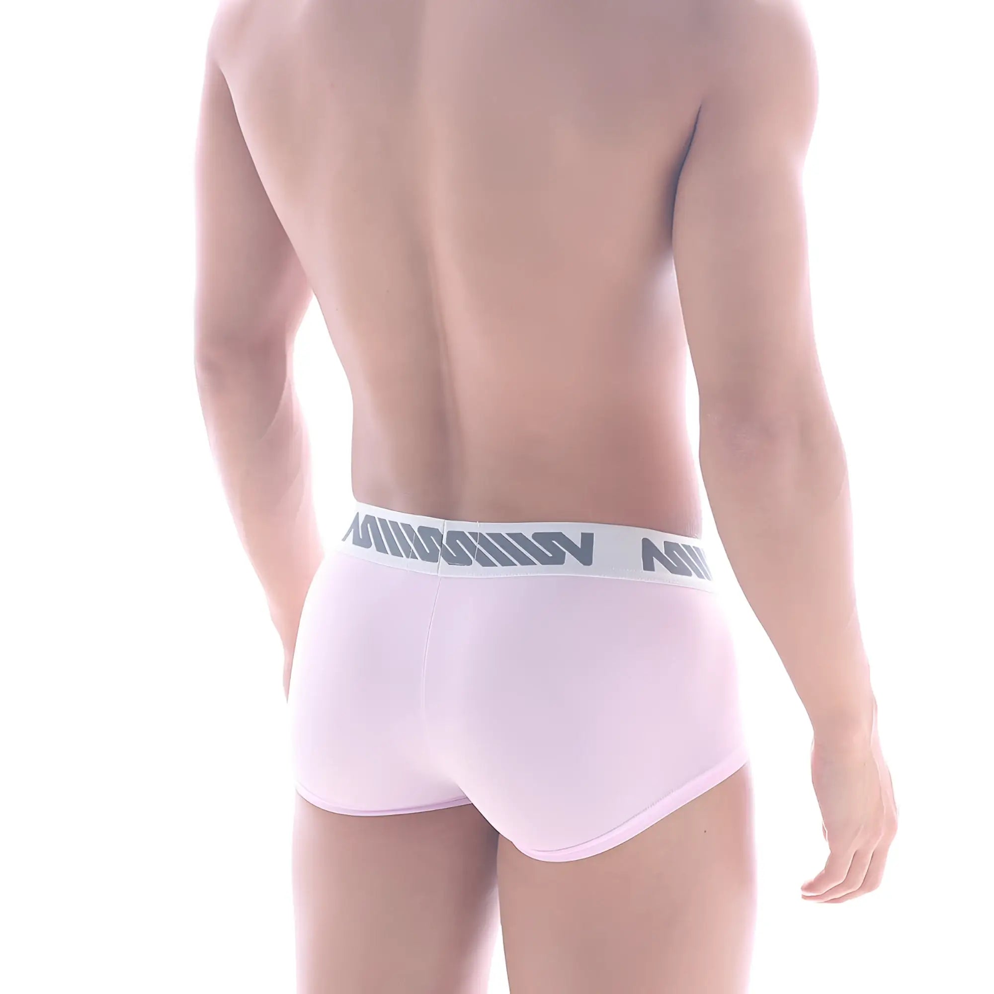 Light pink MetroMaleWear Minimo waistband men’s briefs with white elastic band and gray lettering