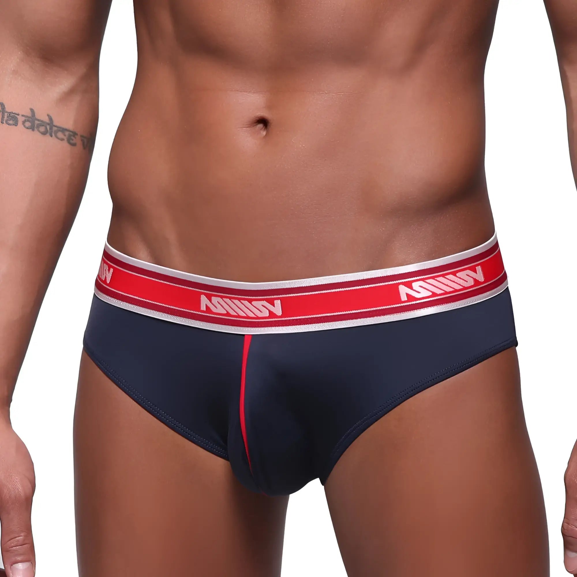 MetroMalewear mirage bikini dark blue briefs with a red and white anhuv logo elastic waistband