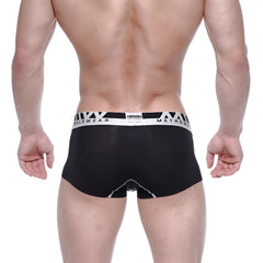 Black men’s briefs with white metroman waistband made of textured modal fabric seamless trunk style