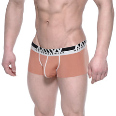 Tan ribbed modal seamless men’s briefs with black and white metromalewear branded waistband trunk style