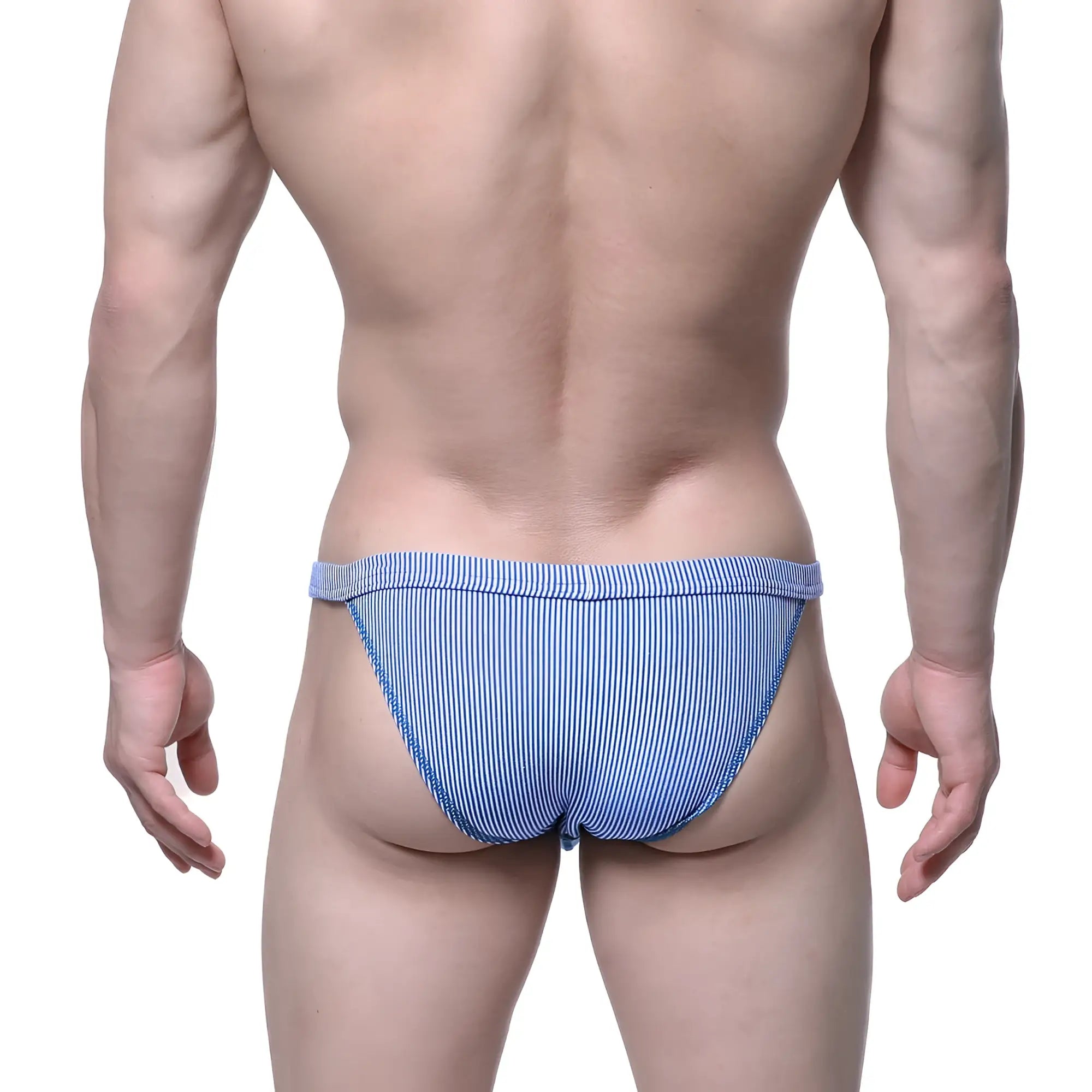 MetroMaleWear modern bikini blue stripe men’s briefs with tailored fit and blue and white stripes