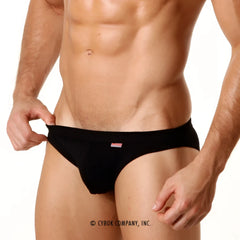 Black form-fitting briefs with a red and white logo on the waistband from MetroMaleWear modern brief 4003-20