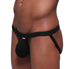 Black seamless form-fitting jockstrap with red and white brand tag on the waistband from MetroMaleWear Modern Pouch 4001-20