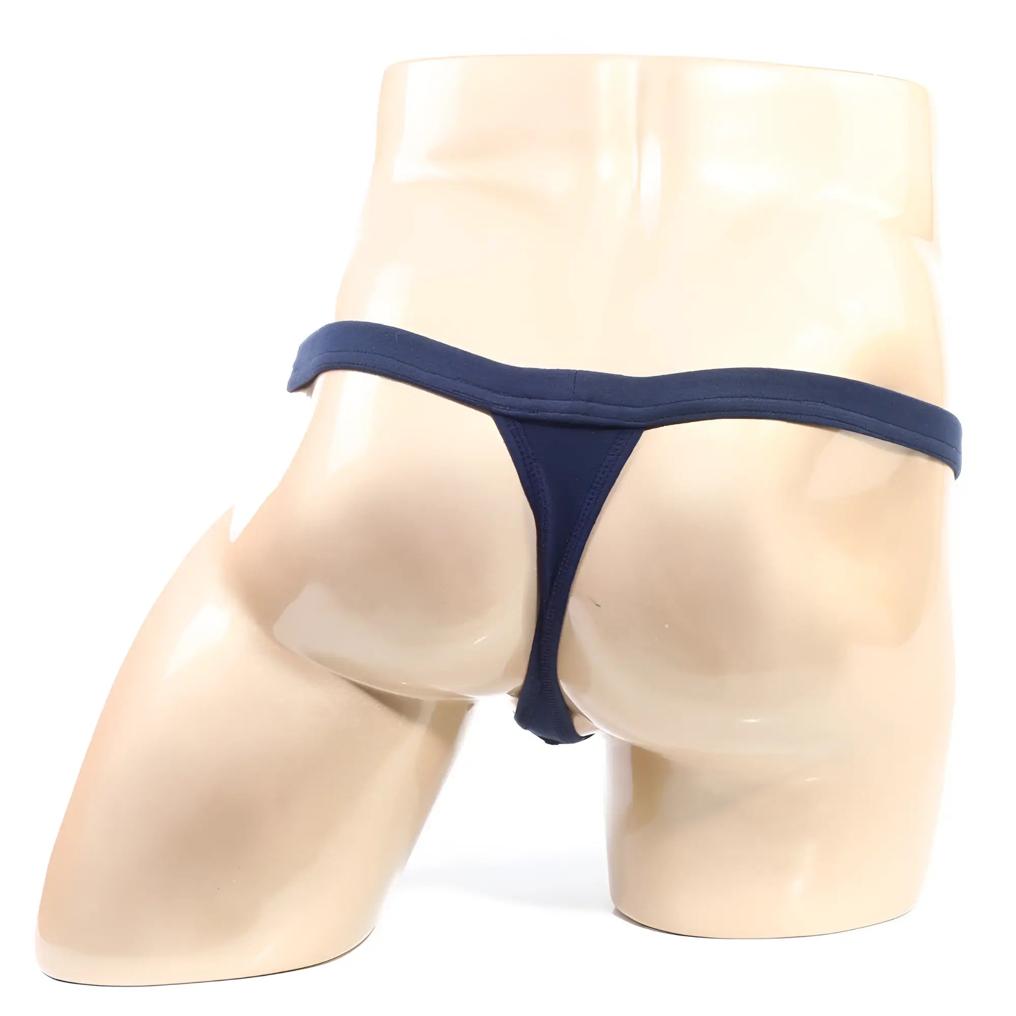 Navy blue thong from metromalewear made of smooth stretchy fabric with a modern pouch and minimalist design