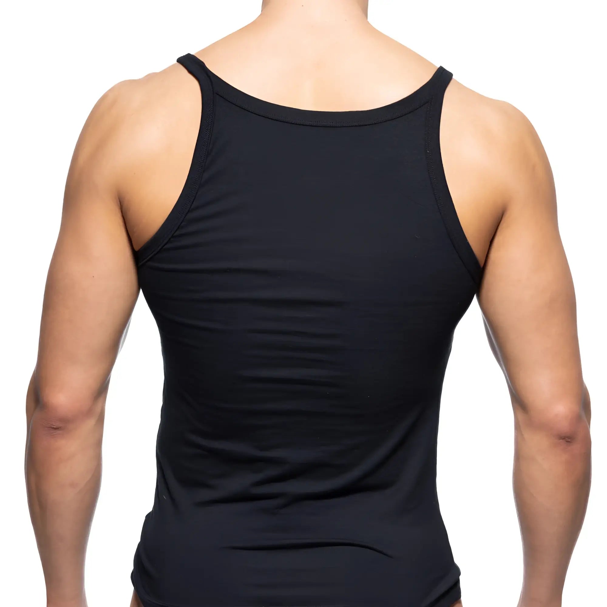 MetroMaleWear modern black sleeveless tank top with rounded neckline and fitted design perfect for casual wear