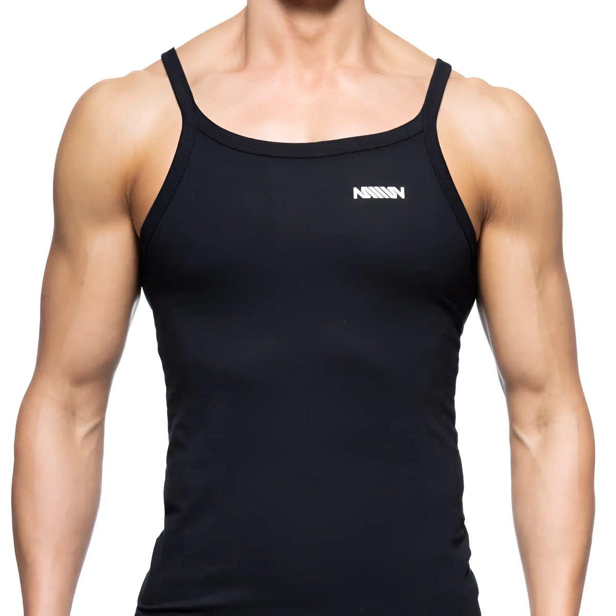 MetroMalewear modern black sleeveless tank top with thin straps and white logo on upper left chest