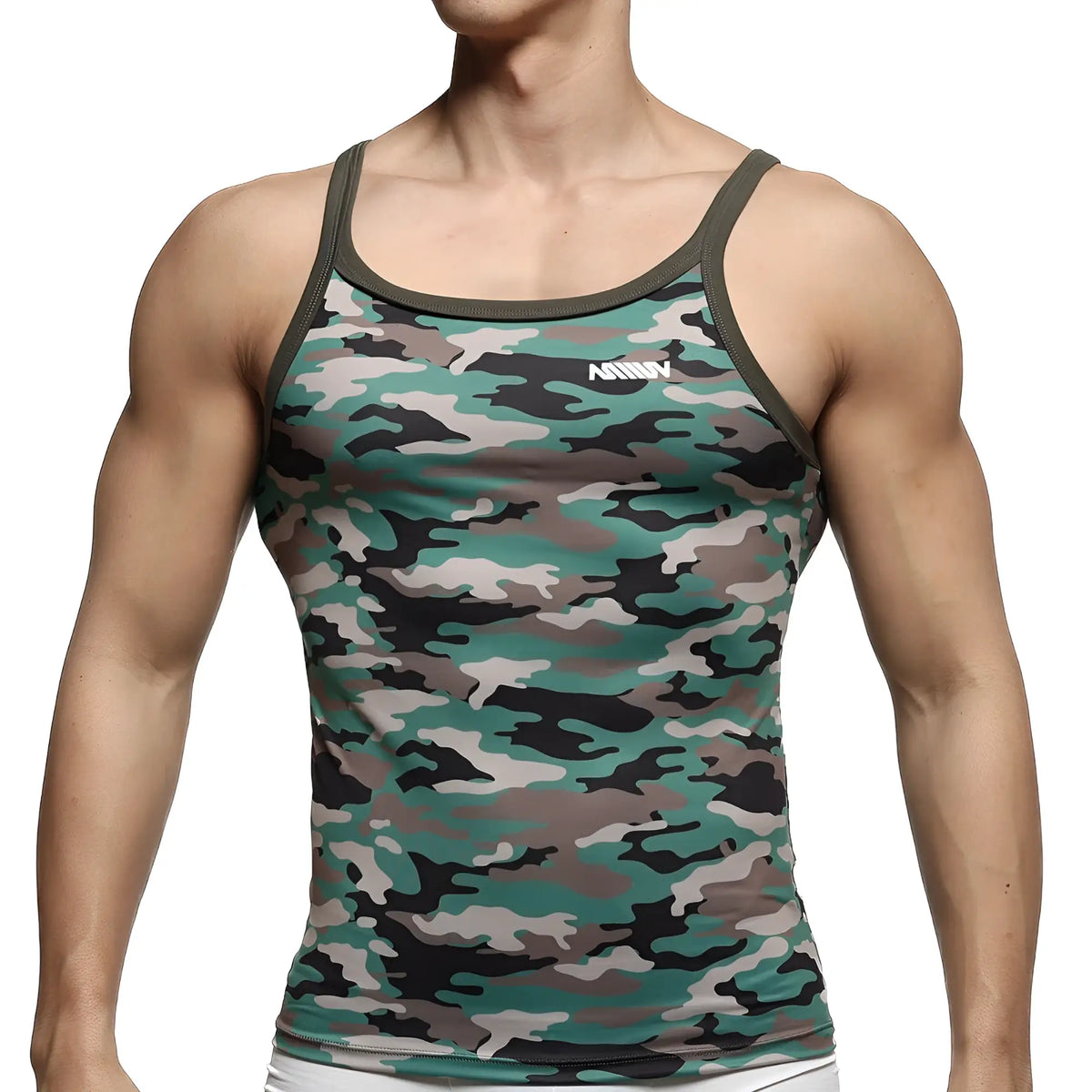 MetroMaleWear modern tank top camo 3126-60 with green and black camouflage pattern and olive green trim