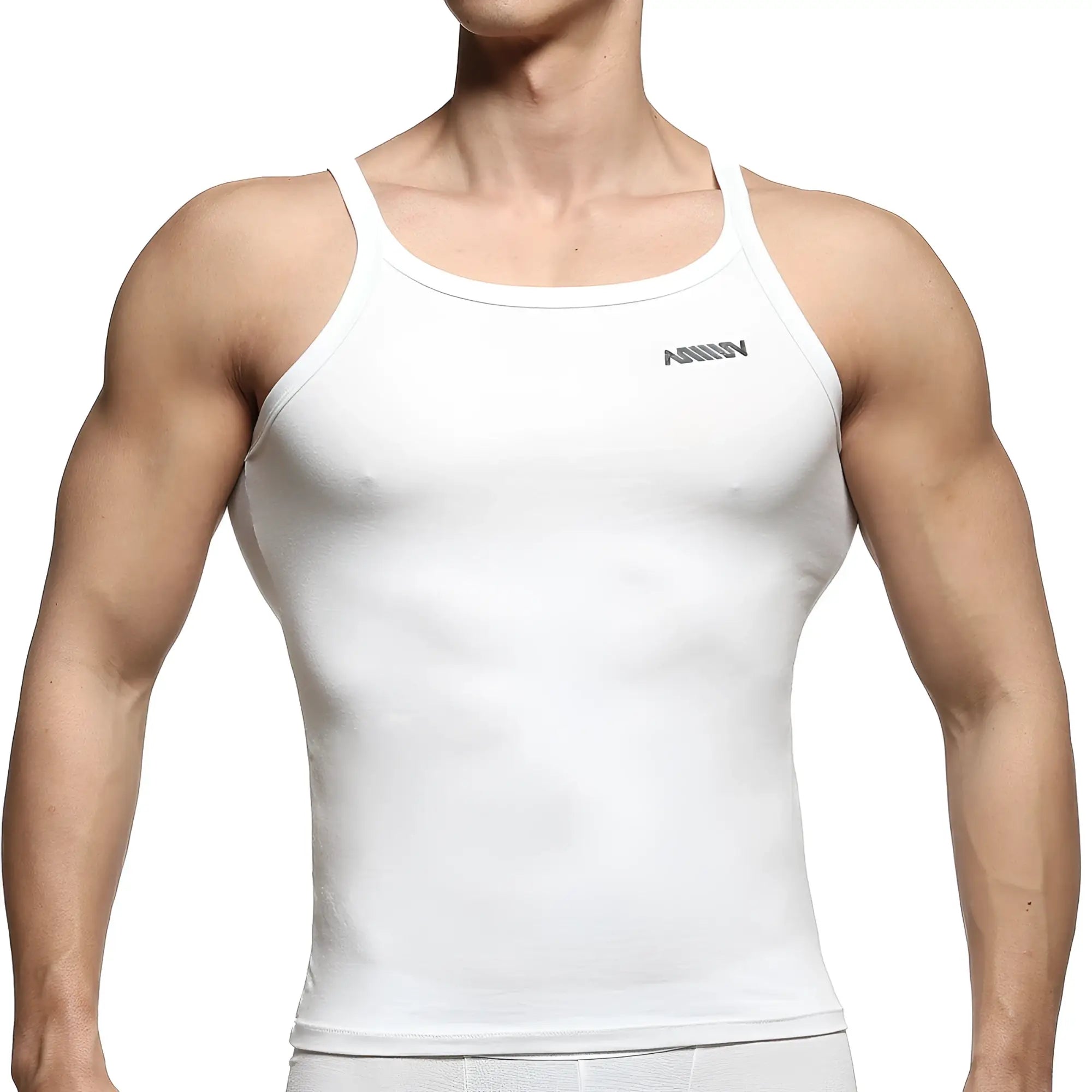 MetroMaleWear modern white tank top with form-fitting design and subtle gray logo on upper left chest