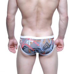 Metro male wear modern trunk dark gray swim trunks with bold red black and white chain and buckle pattern