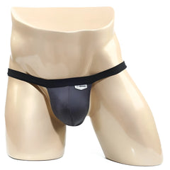 MetroMalewear modernizing thong charcoal in smooth stretchy fabric with subtle logo on waistband shown from the back side