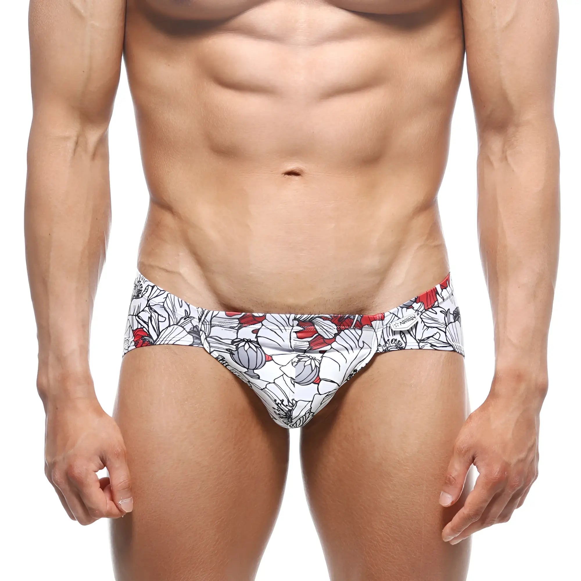 White swim trunks by MetroMaleWear Mojito Bikini Escobar 1006-09 with bold red and gray floral pattern