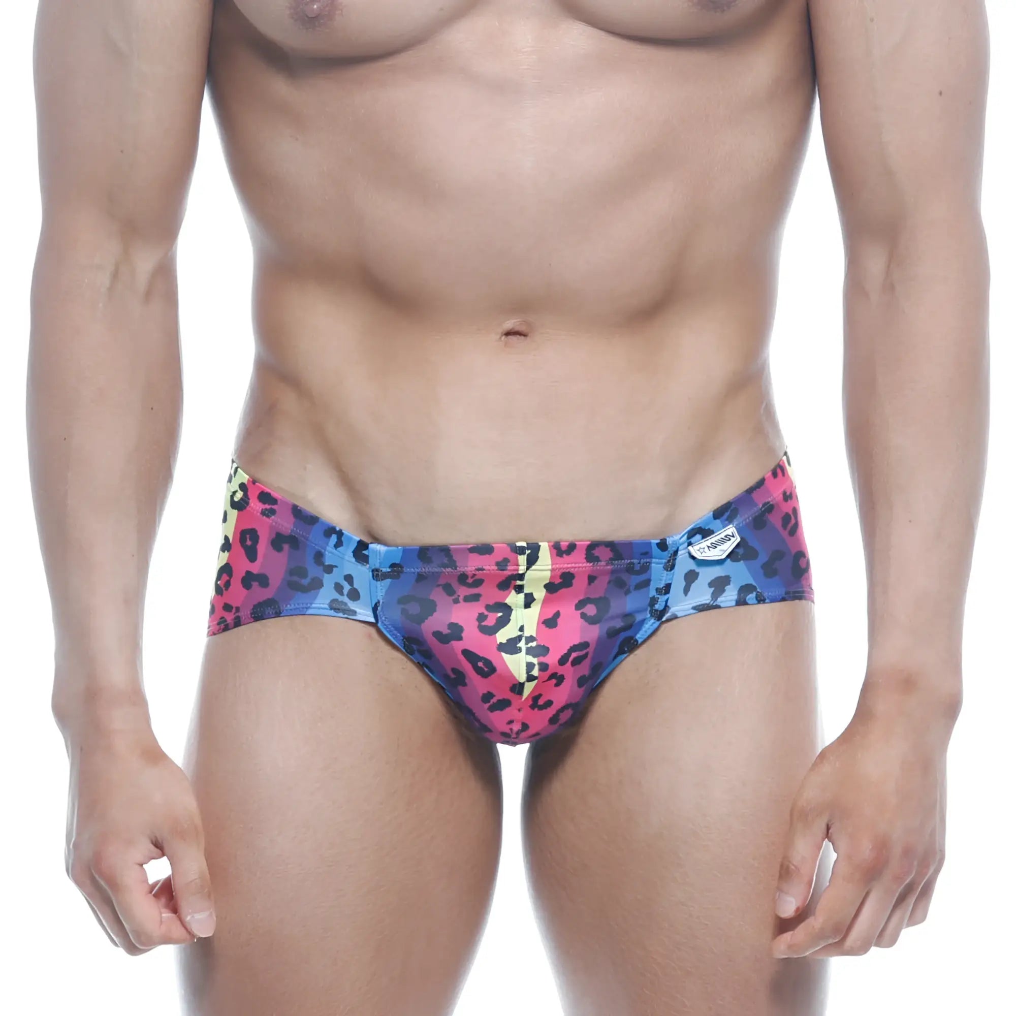 Vibrant multicolored leopard-print swim trunks with bold pink blue and yellow pattern from MetroMaleWear Mojito Bikini 1006-05