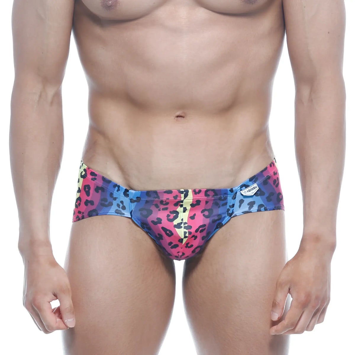 Vibrant multicolored leopard-print swim trunks with bold pink blue and yellow pattern from MetroMaleWear Mojito Bikini 1006-05