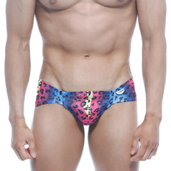 Vibrant multicolored leopard-print swim trunks with bold pink blue and yellow pattern from MetroMaleWear Mojito Bikini 1006-05