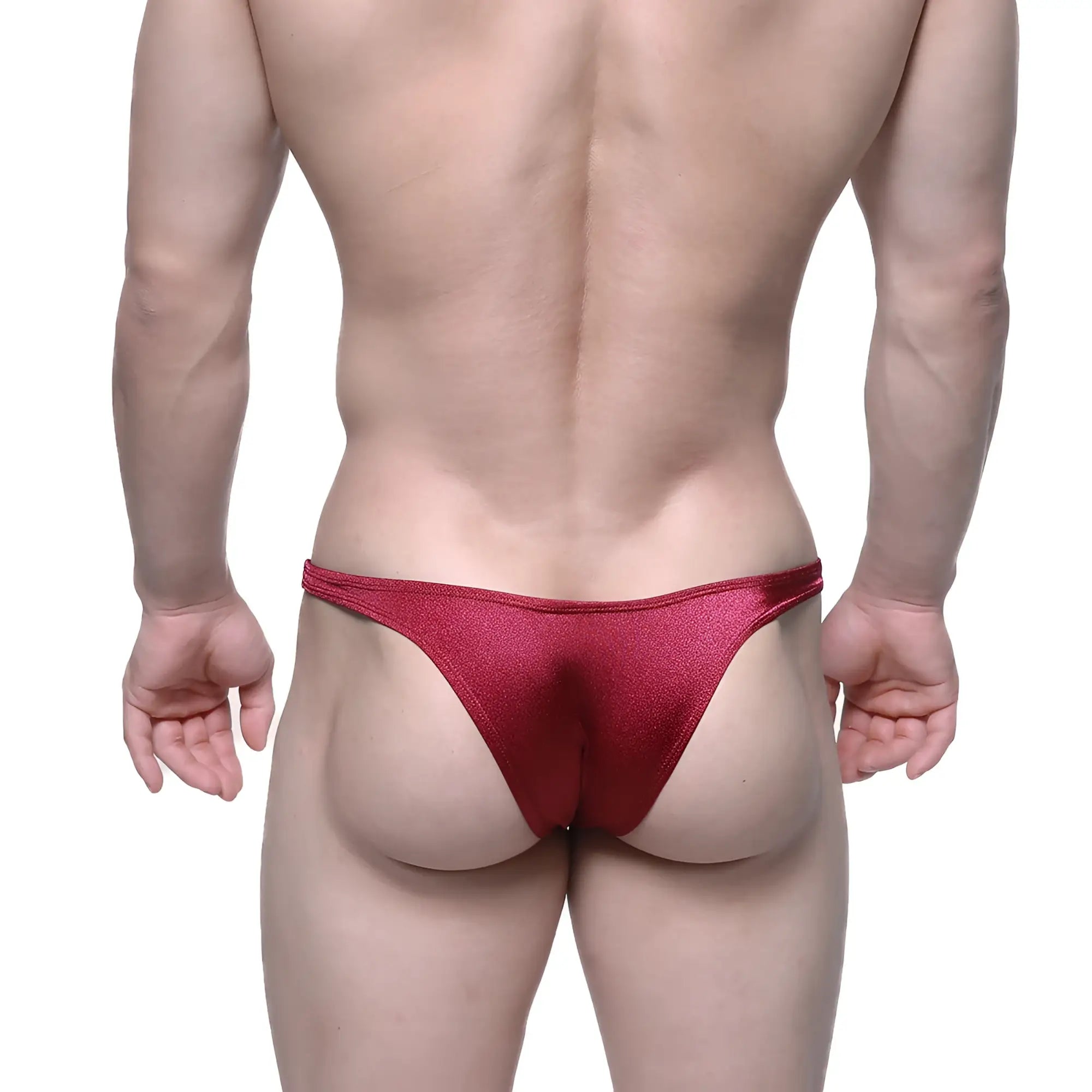 A shimmering red metallic MetroMaleWear Monaco bikini thong with a sleek form-fitting design in burgundy