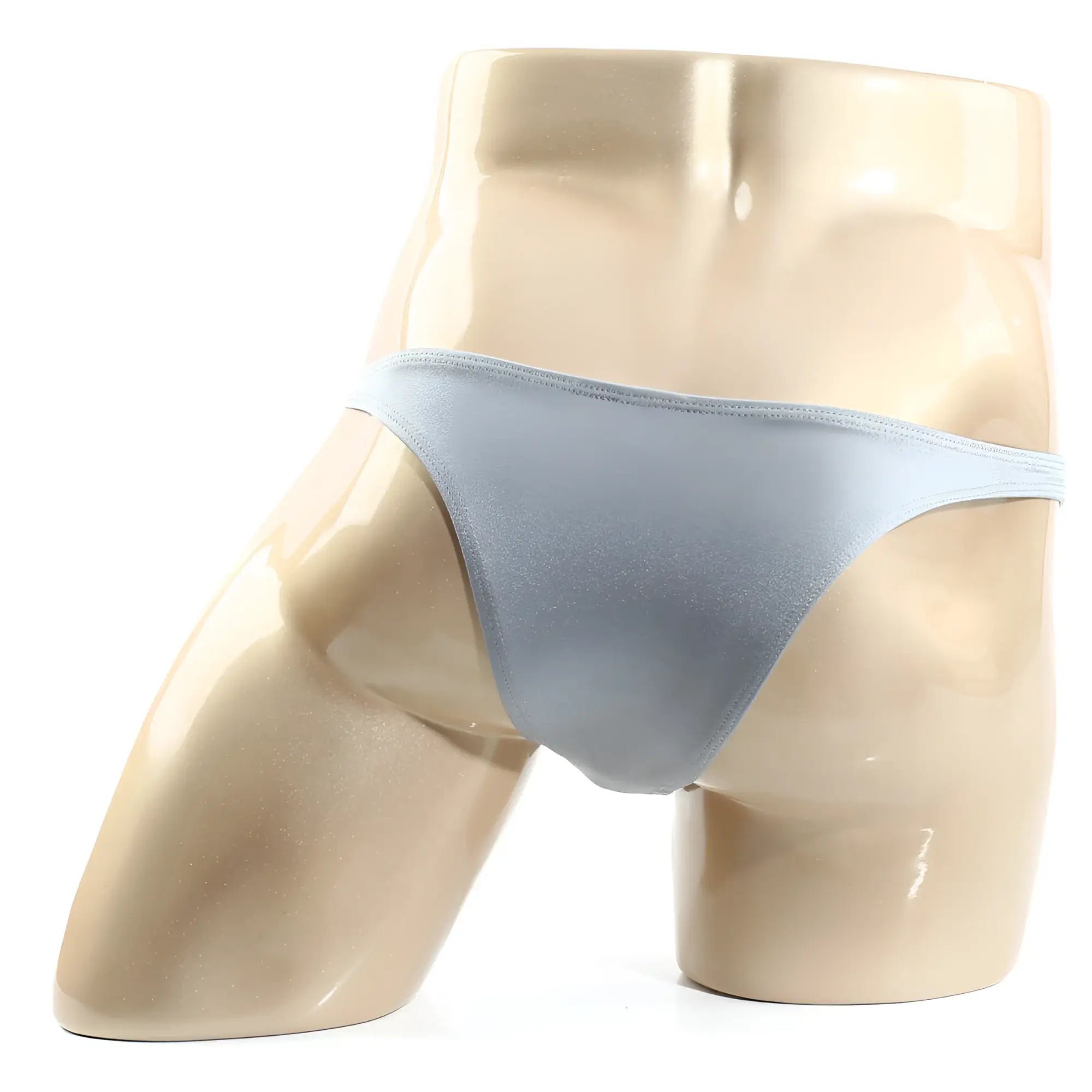 Light blue satin thong displayed on mannequin from metromalewear monaco bikini silver 6010-10 collection