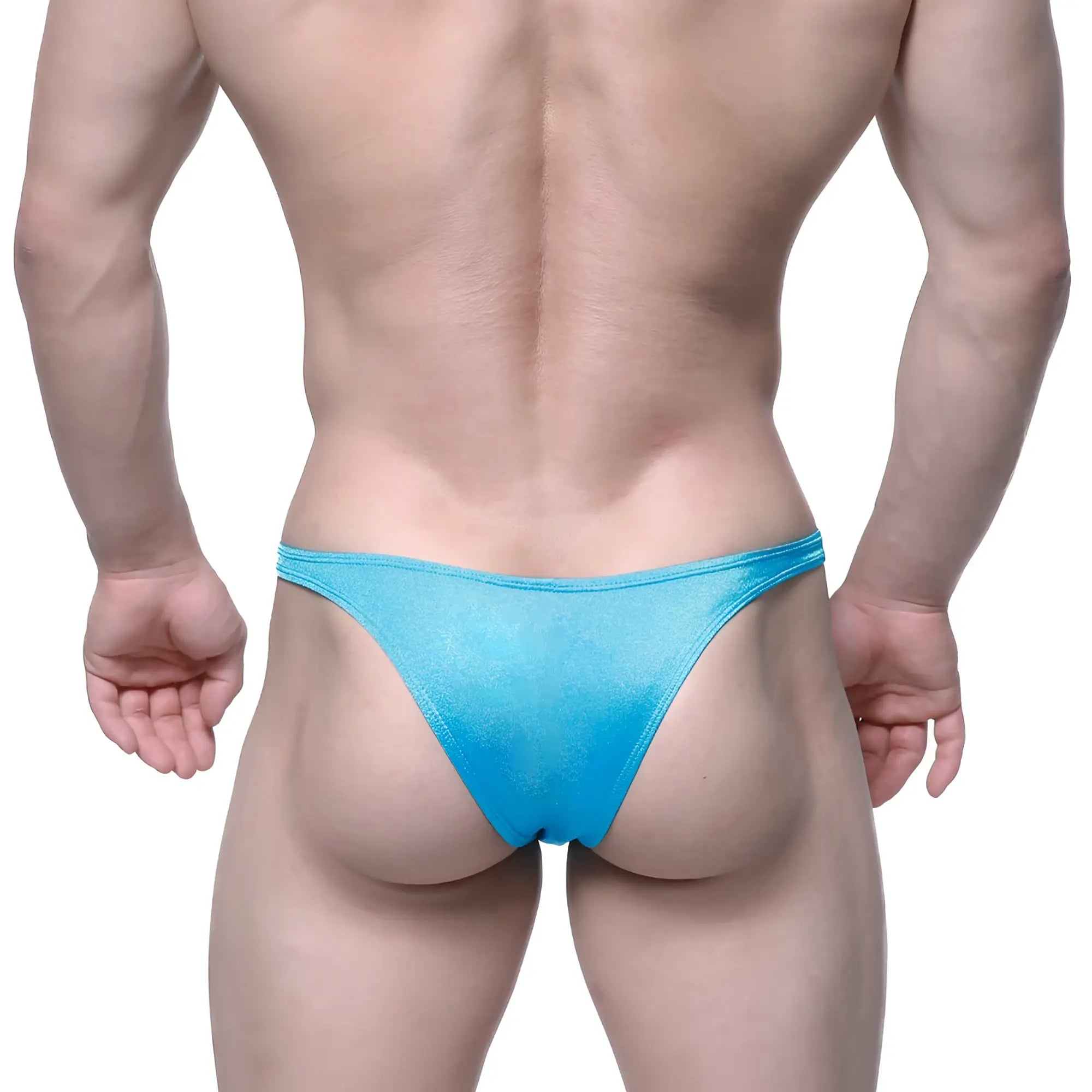 A vibrant blue shimmering fabric thong with smooth slightly translucent texture from MetroMaleWear Monaco Bikini Turquoise 6010-08