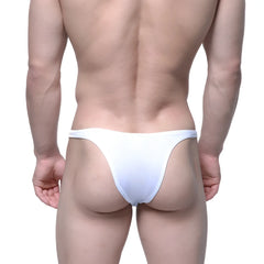 White form-fitting thong bikini from MetroMaleWear Monaco 6010-00 made of smooth fabric shown from back side