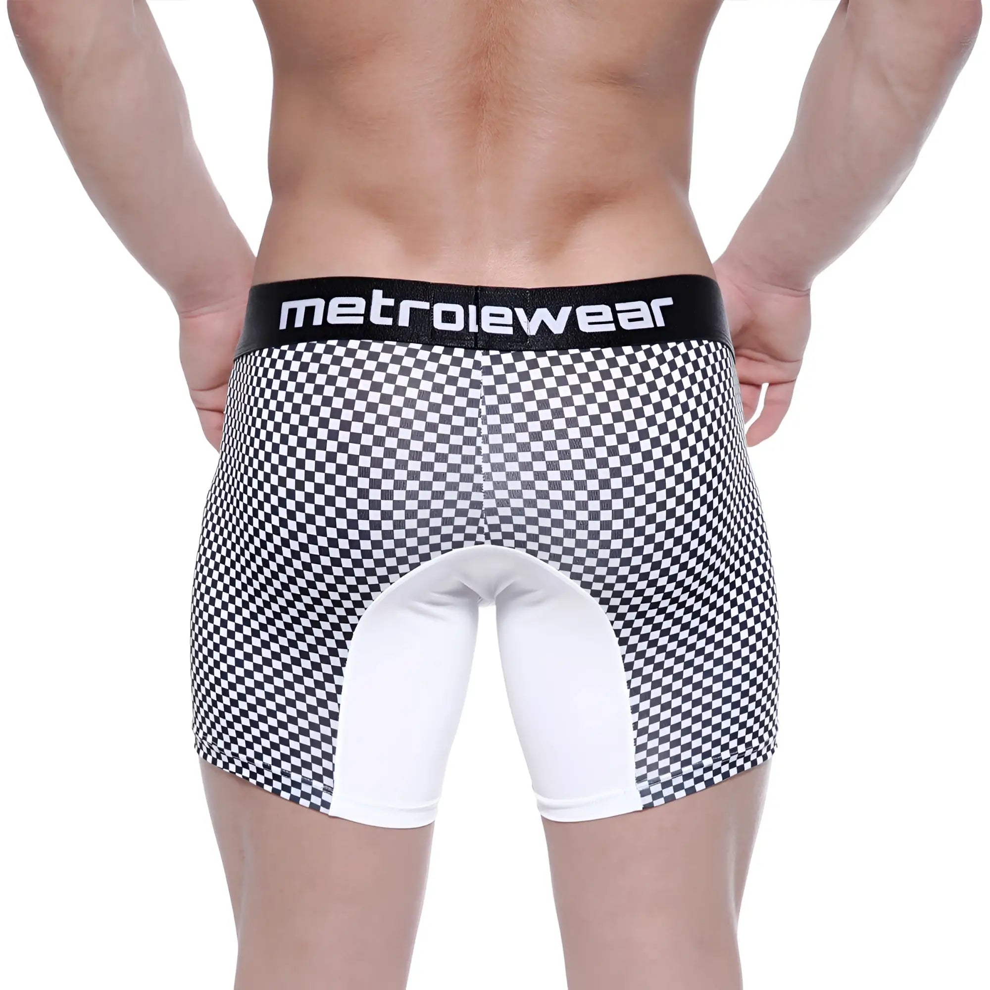 Back side of black and white checkered metro male wear mosaic mid boxer briefs with white panel and branded black waistband