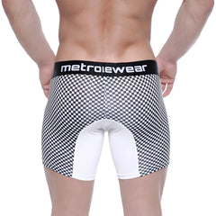 Back side of black and white checkered metro male wear mosaic mid boxer briefs with white panel and branded black waistband