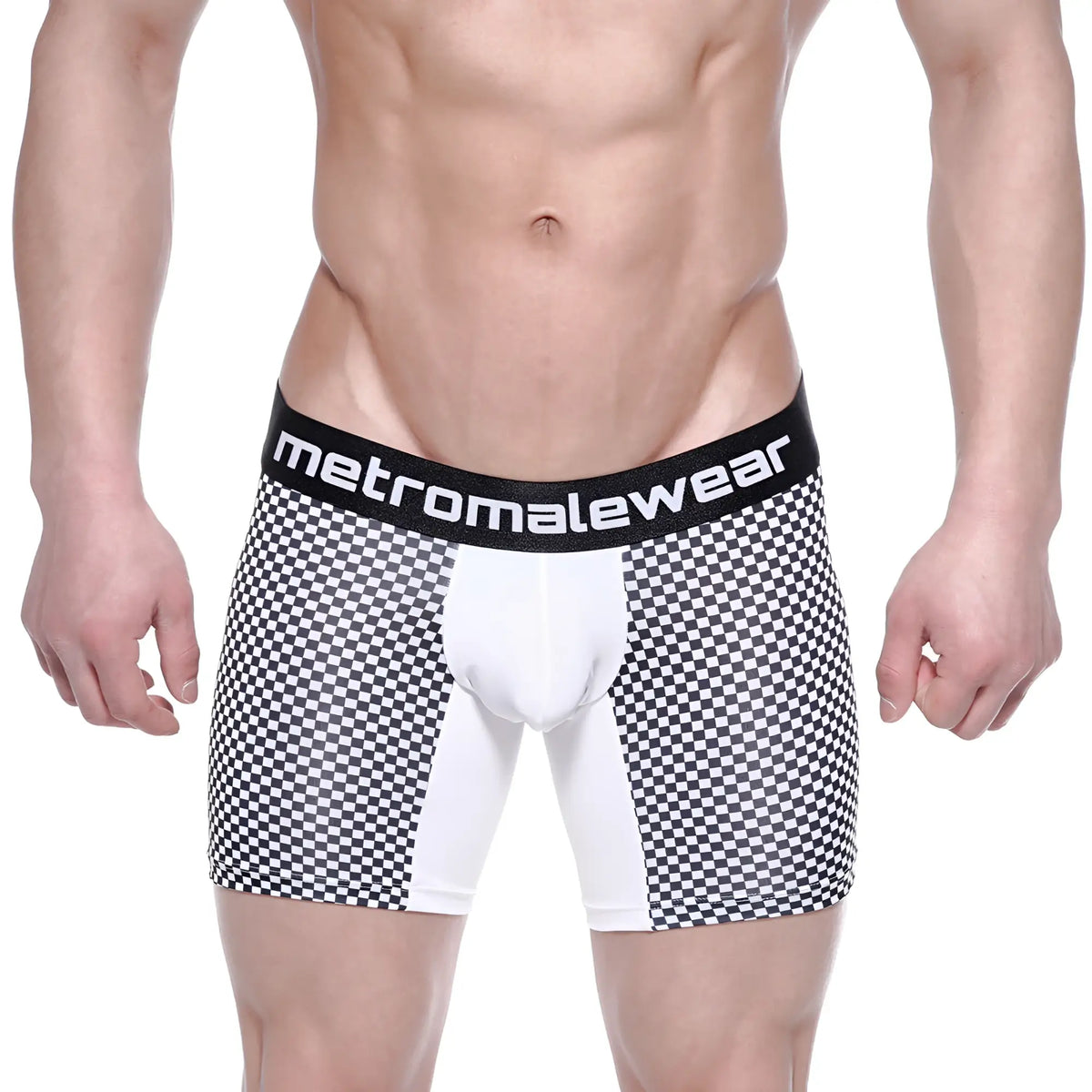MetroMaleWear Mosaic Mid Boxer 10 inch 2023-30 black and white checkered boxer briefs with white panel and elastic waistband