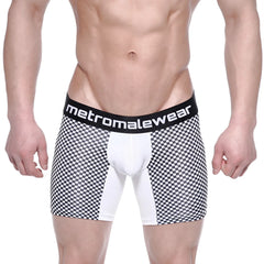MetroMaleWear Mosaic Mid Boxer 10 inch 2023-30 black and white checkered boxer briefs with white panel and elastic waistband