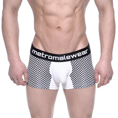 MetroMaleWear Mosaic Short Boxer 7 inch black and white checkered men’s boxer briefs with white panel and branded waistband
