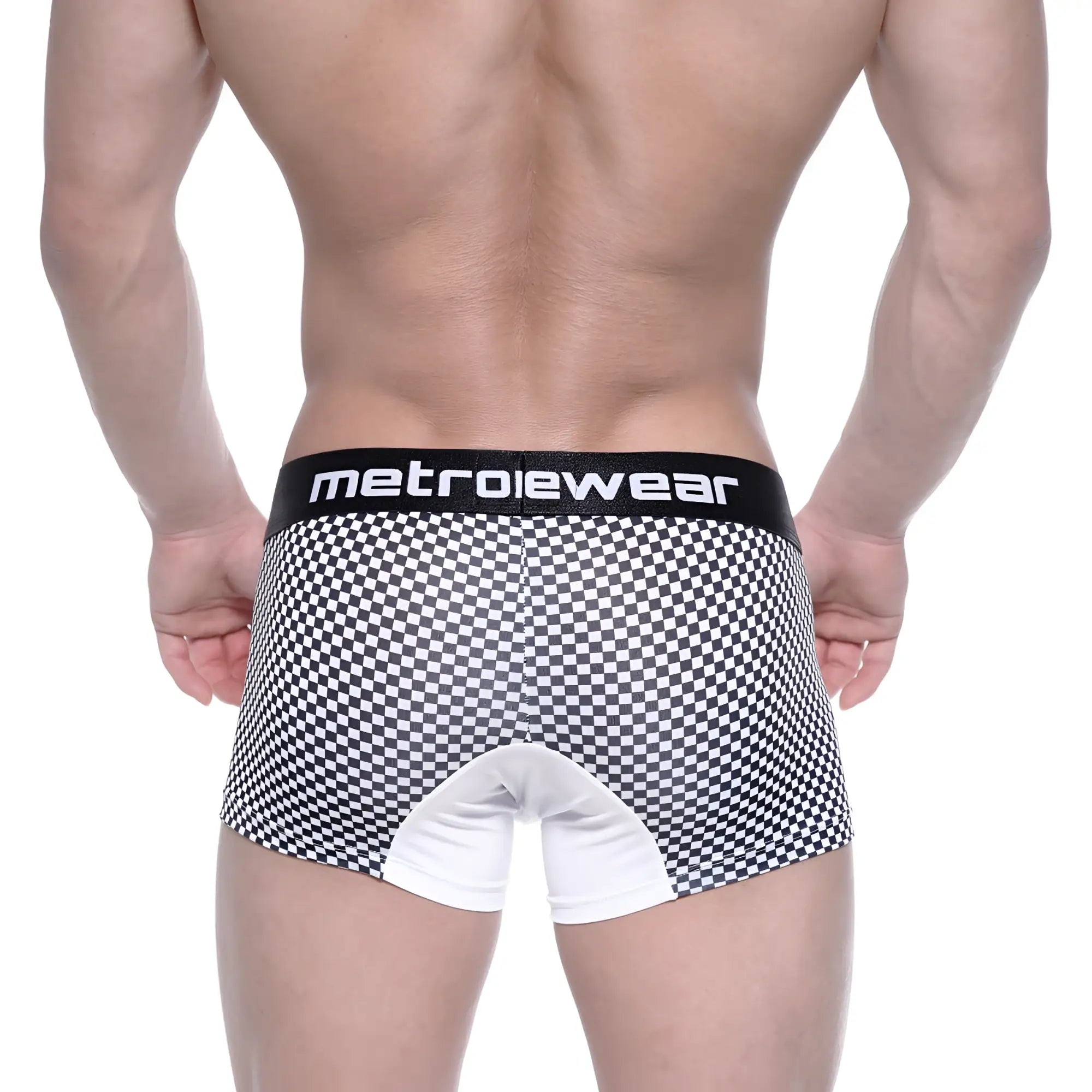 MetroMaleWear mosaic short boxer 7 inch black and white checkered briefs with white crotch panel and black waistband