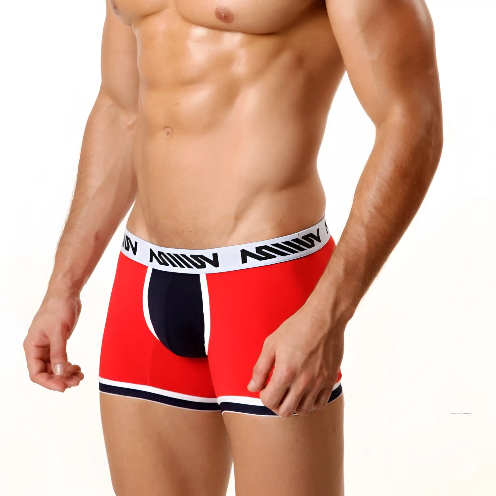 Red and navy blue MetroMaleWear short boxer briefs with white waistband and black anv logo 7 inch inseam