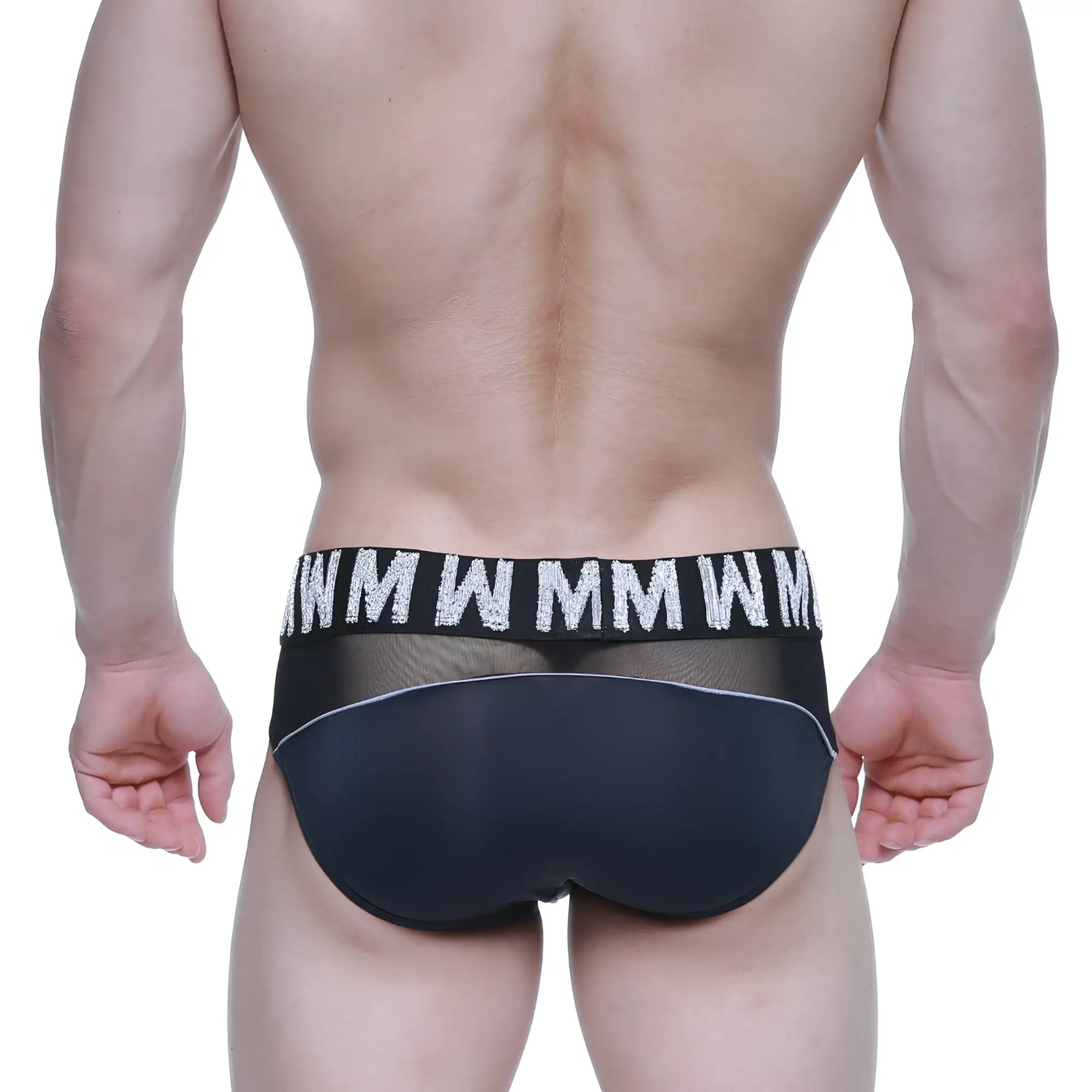 Black mesh briefs with bold white wmm logo waistband from MetroMaleWear MW Brief Black 5403-20 product