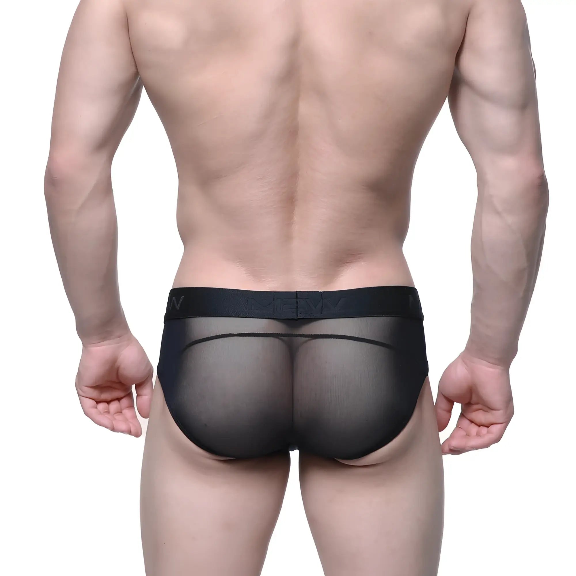 MetroMaleWear MW Brief Tull 5403-71 black sheer mesh briefs with solid black elastic waistband and brand logo