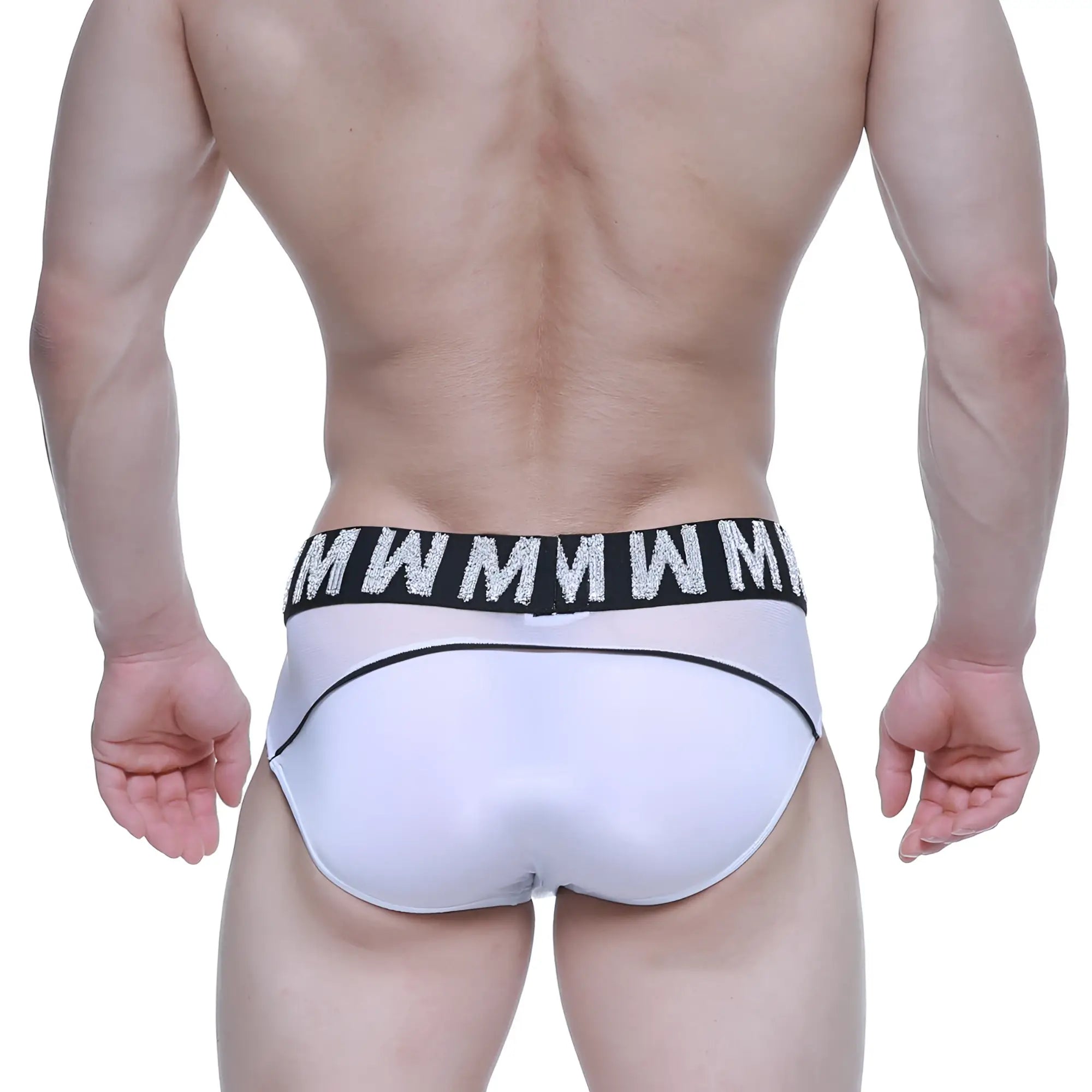 White athletic briefs with black waistband and silver glitter lettering from MetroMaleWear model 5403-00